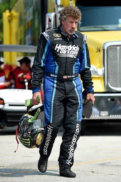 Boris Said, driver of the Kunes RV Toyota, walks the grid during the NASCAR Xfinity Series Henry 180 at Road America on July 03, 2021 in Elkhart...