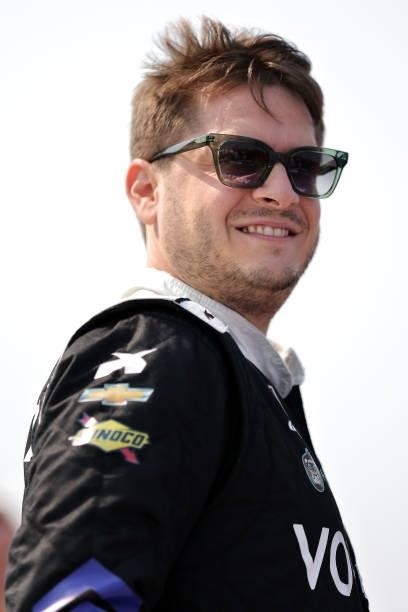 Landon Cassill, driver of the Voyager Chevrolet, waits on the grid during the NASCAR Xfinity Series Henry 180 at Road America on July 03, 2021 in...