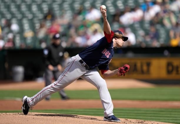 Garrett Richards of the Boston Red Sox pitches against the Oakland Athletics in the bottom of the first inning at RingCentral Coliseum on July 03,...
