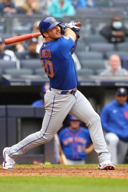 Pete Alonso of the New York Mets in action during a game against the New York Yankees at Yankee Stadium on July 3, 2021 in New York City.