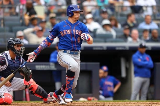 Brandon Nimmo of the New York Mets singles during the sixth inning against the New York Yankees in a game at Yankee Stadium on July 3, 2021 in New...