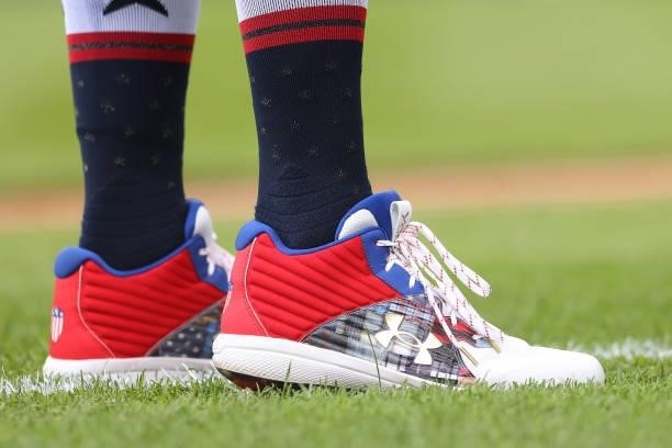 The Under Armour shoes worn by Brandon Nimmo of the New York Mets during a game against the New York Yankees at Yankee Stadium on July 3, 2021 in New...