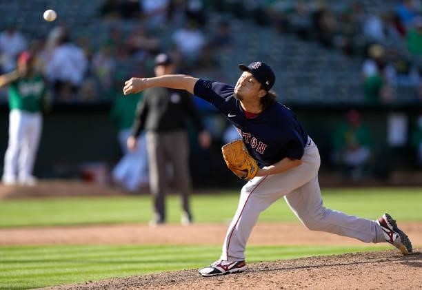 Hirokazu Sawamura of the Boston Red Sox pitches against the Oakland Athletics in the bottom of the six inning at RingCentral Coliseum on July 03,...