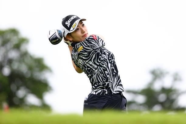 Ayano Yasuda of Japan hits her tee shot on the 1st hole during the final round of the Shiseido Ladies Open at Totsuka Country Club on July 4, 2021 in...