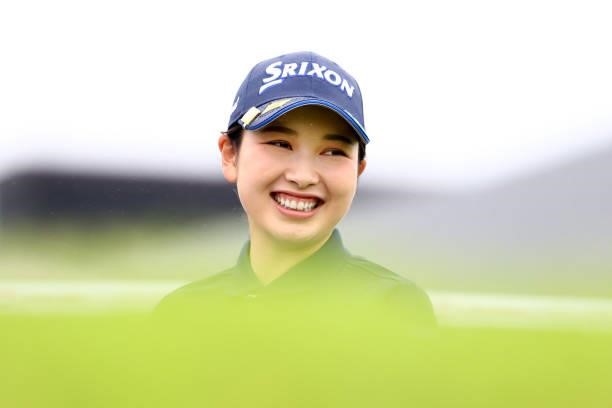 Sakura Koiwai of Japan smiles on the 1st tee during the final round of the Shiseido Ladies Open at Totsuka Country Club on July 4, 2021 in Yokohama,...