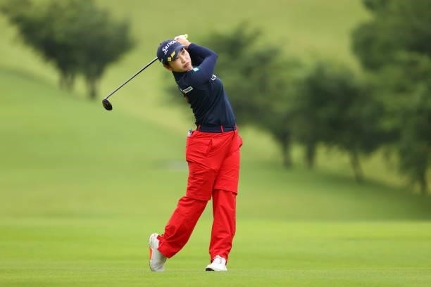 Sakura Koiwai of Japan hits her second shot on the 1st hole during the final round of the Shiseido Ladies Open at Totsuka Country Club on July 4,...