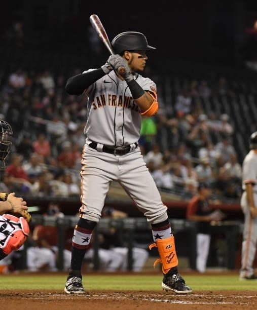 Thairo Estrada of the San Francisco Giants gets ready in the batters box against the Arizona Diamondbacks at Chase Field on July 02, 2021 in Phoenix,...