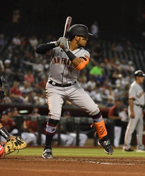 Thairo Estrada of the San Francisco Giants gets ready in the batters box against the Arizona Diamondbacks at Chase Field on July 02, 2021 in Phoenix,...