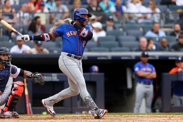 Dominic Smith of the New York Mets in action against the New York Yankees during a game at Yankee Stadium on July 3, 2021 in New York City. The Mets...