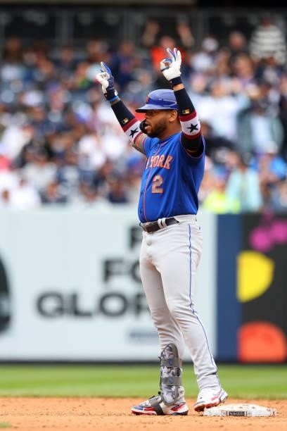 Dominic Smith of the New York Mets in action against the New York Yankees during a game at Yankee Stadium on July 3, 2021 in New York City. The Mets...