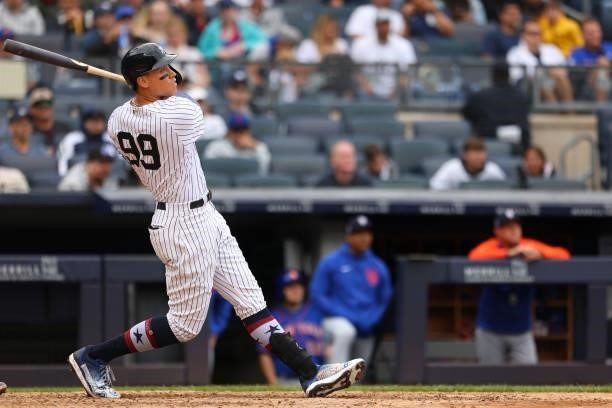 Aaron Judge of the New York Yankees hits a home run during the sixth inning against the New York Mets in a game at Yankee Stadium on July 3, 2021 in...