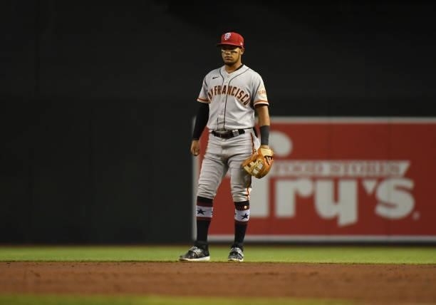Thairo Estrada of the San Francisco Giants gets ready to make a play at second base against the Arizona Diamondbacks at Chase Field on July 02, 2021...