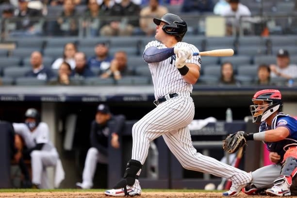 Luke Voit of the New York Yankees in action against the New York Mets during a game at Yankee Stadium on July 3, 2021 in New York City.