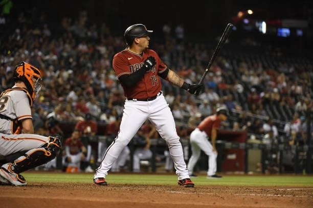 Asdrubal Cabrera of the Arizona Diamondbacks gets ready in the batters bos against the San Francisco Giants at Chase Field on July 02, 2021 in...