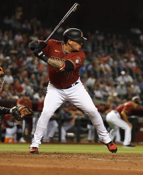 Asdrubal Cabrera of the Arizona Diamondbacks gets ready in the batters bos against the San Francisco Giants at Chase Field on July 02, 2021 in...