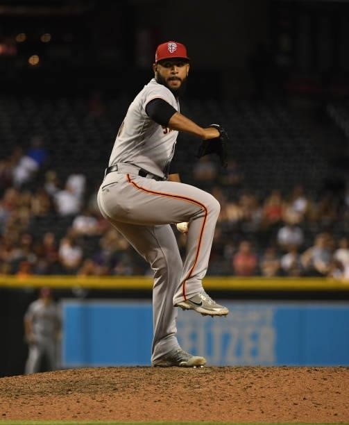 Jarlin Garcia of the San Francisco Giants delivers a pitch against the Arizona Diamondbacks at Chase Field on July 02, 2021 in Phoenix, Arizona.
