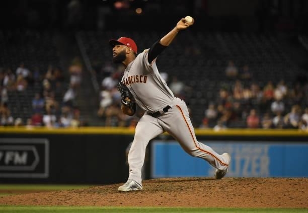 Jarlin Garcia of the San Francisco Giants delivers a pitch against the Arizona Diamondbacks at Chase Field on July 02, 2021 in Phoenix, Arizona.