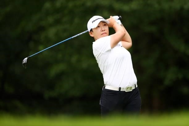 Jiyai Shin of South Korea hits her tee shot on the 2nd hole during the final round of the Shiseido Ladies Open at Totsuka Country Club on July 4,...