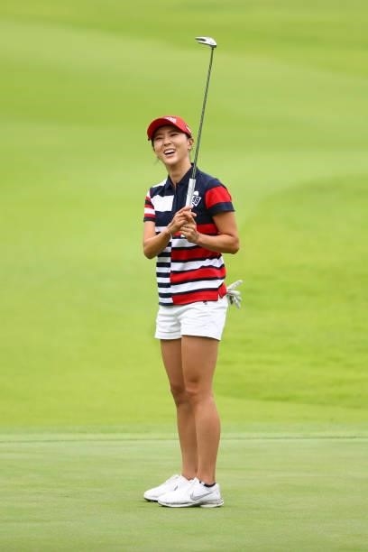 Chae-Young Yoon of South Korea celebrates the birdie on the 1st green during the final round of the Shiseido Ladies Open at Totsuka Country Club on...