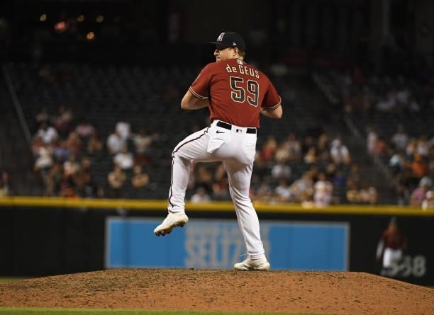 Brett De Geus of the Arizona Diamondbacks delivers a pitch against the San Francisco Giants at Chase Field on July 02, 2021 in Phoenix, Arizona.