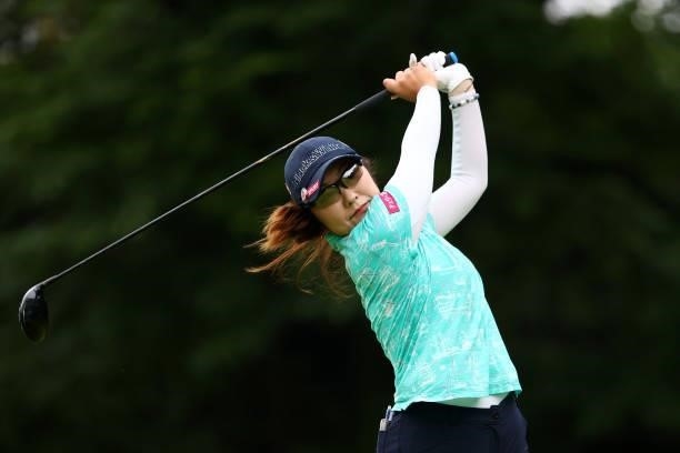 Saiki Fujita of Japan hits her tee shot on the 2nd hole during the final round of the Shiseido Ladies Open at Totsuka Country Club on July 4, 2021 in...