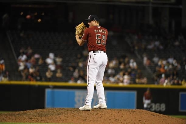 Brett De Geus of the Arizona Diamondbacks delivers a pitch against the San Francisco Giants at Chase Field on July 02, 2021 in Phoenix, Arizona.