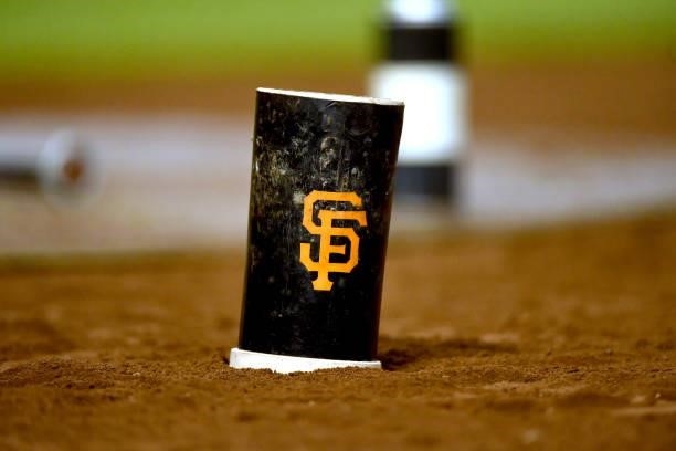 Detail of a bat weight in the on-deck circle of the San Francisco Giants during a game against the Arizona Diamondbacks during the ninth inning at...