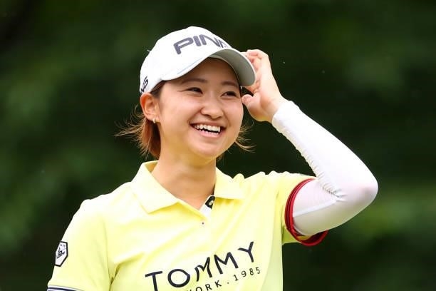 Ami Hirai of Japan smiles on the 2nd tee during the final round of the Shiseido Ladies Open at Totsuka Country Club on July 4, 2021 in Yokohama,...