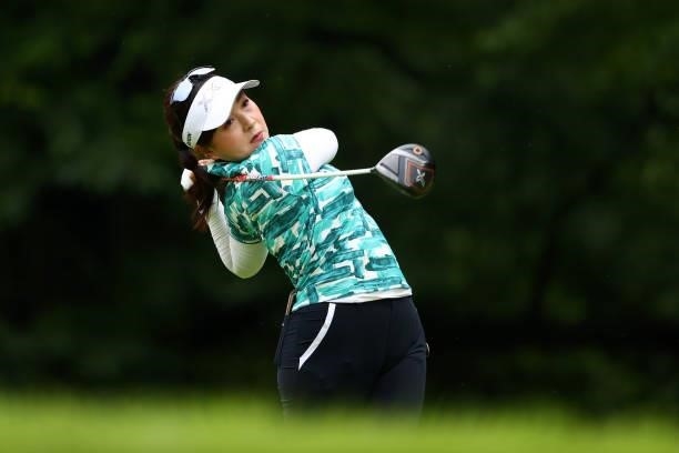Serena Aoki of Japan hits her tee shot on the 2nd hole during the final round of the Shiseido Ladies Open at Totsuka Country Club on July 4, 2021 in...