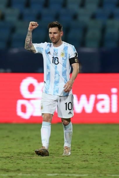 Lionel Messi of Argentina celebrates after scoring the third goal of his team via free kick during a quarter-final match of Copa America Brazil 2021...