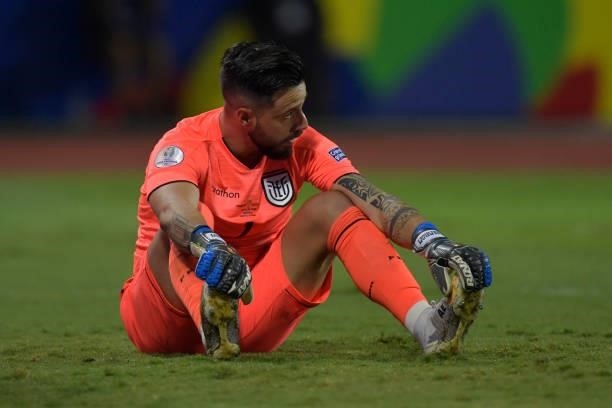 Hernan Galindez of Ecuador reacts during a quarter-final match of Copa America Brazil 2021 between Argentina and Ecuador at Estadio Olimpico on July...