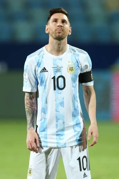 Lionel Messi of Argentina looks on prior to a quarter-final match of Copa America Brazil 2021 between Argentina and Ecuador at Estadio Olimpico on...