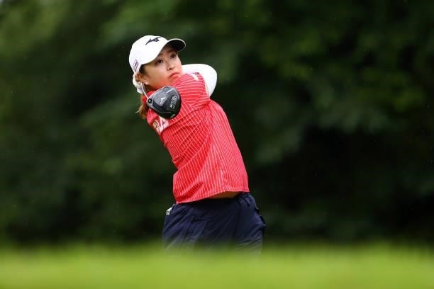Mao Saigo of Japan hits her tee shot on the 2nd hole during the final round of the Shiseido Ladies Open at Totsuka Country Club on July 4, 2021 in...