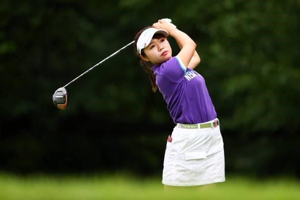 Mayu Hirota of Japan hits her tee shot on the 2nd hole during the final round of the Shiseido Ladies Open at Totsuka Country Club on July 4, 2021 in...