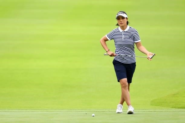Mi-jeong Jeon of South Korea lines up a putt on the 1st green during the final round of the Shiseido Ladies Open at Totsuka Country Club on July 4,...