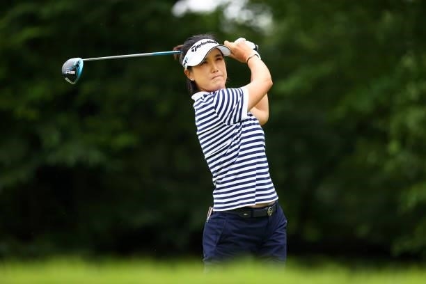 Mi-jeong Jeon of South Korea hits her tee shot on the 2nd hole during the final round of the Shiseido Ladies Open at Totsuka Country Club on July 4,...