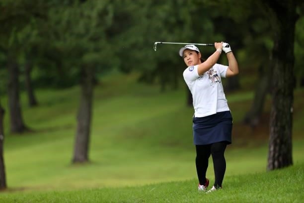 Ayaka Morioka of Japan hits her second shot on the 4th hole during the final round of the Shiseido Ladies Open at Totsuka Country Club on July 4,...