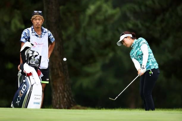 Serena Aoki of Japan chips onto the 4th green during the final round of the Shiseido Ladies Open at Totsuka Country Club on July 4, 2021 in Yokohama,...