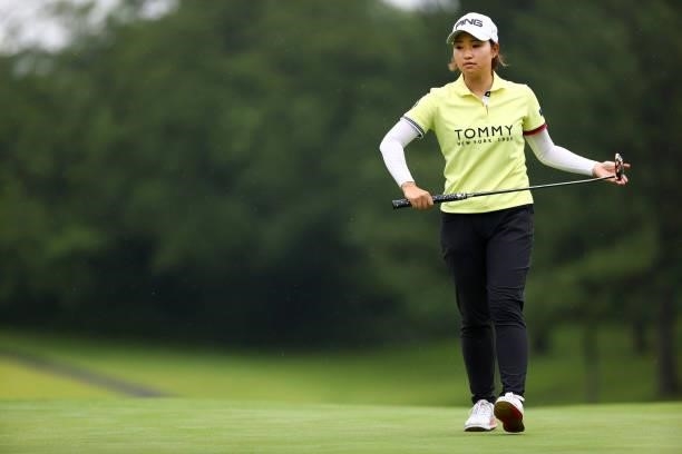 Ami Hirai of Japan reacts after a putt on the 4th green during the final round of the Shiseido Ladies Open at Totsuka Country Club on July 4, 2021 in...