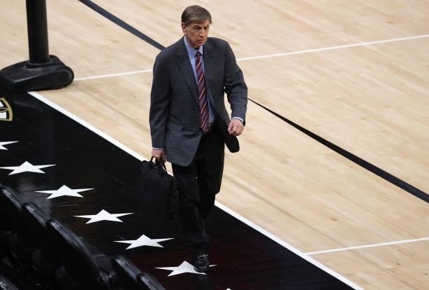 Marv Albert leaves the court for the final time being a broadcaster following Game Six of the Eastern Conference Finals between the Milwaukee Bucks...