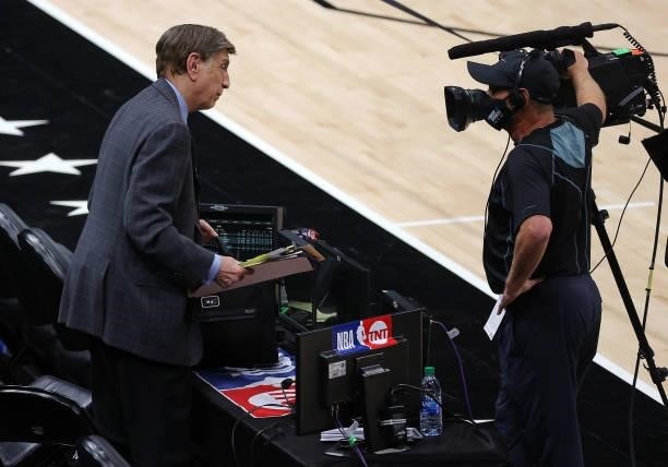Marv Albert leaves the court for the final time being a broadcaster following Game Six of the Eastern Conference Finals between the Milwaukee Bucks...