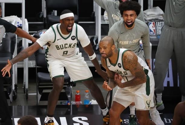 Tucker of the Milwaukee Bucks celebrates a three point basket against the Atlanta Hawks during the second half in Game Six of the Eastern Conference...