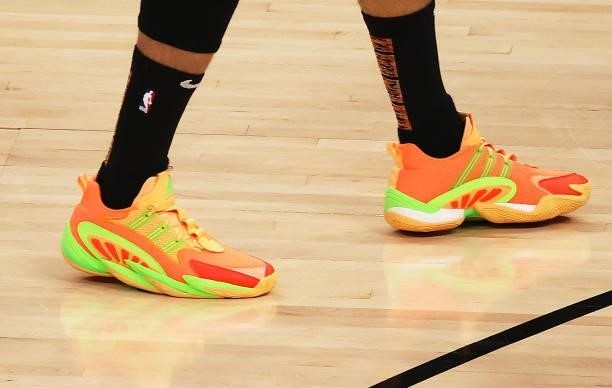 Shoes worn by Bogdan Bogdanovic of the Atlanta Hawks against the Milwaukee Bucks during the second half in Game Six of the Eastern Conference Finals...