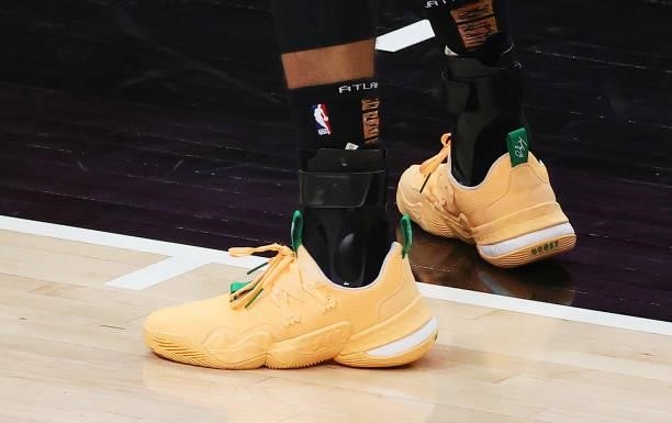 Shoes worn by Trae Young of the Atlanta Hawks against the Milwaukee Bucks during the first half in Game Six of the Eastern Conference Finals at State...