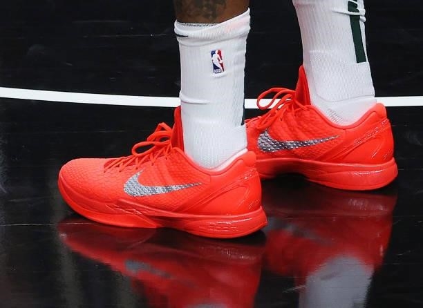 Shoes worn by P.J. Tucker of the Milwaukee Bucks against the Atlanta Hawks during the first half in Game Six of the Eastern Conference Finals at...