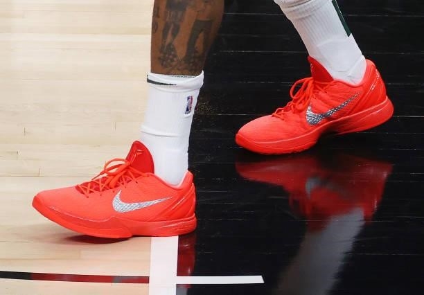 Shoes worn by P.J. Tucker of the Milwaukee Bucks against the Atlanta Hawks during the first half in Game Six of the Eastern Conference Finals at...