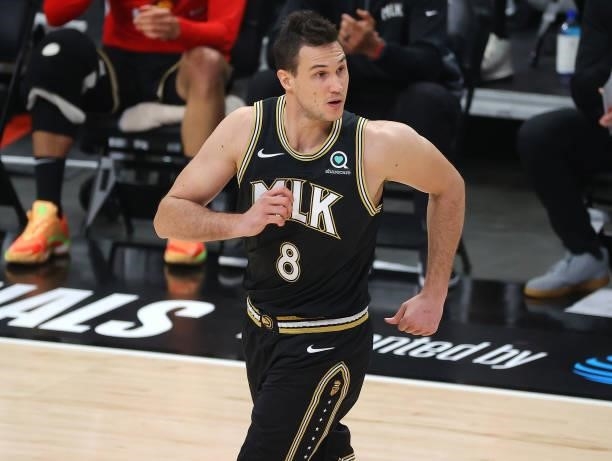 Danilo Gallinari of the Atlanta Hawks celebrates a basket against the Milwaukee Bucks during the first half in Game Six of the Eastern Conference...