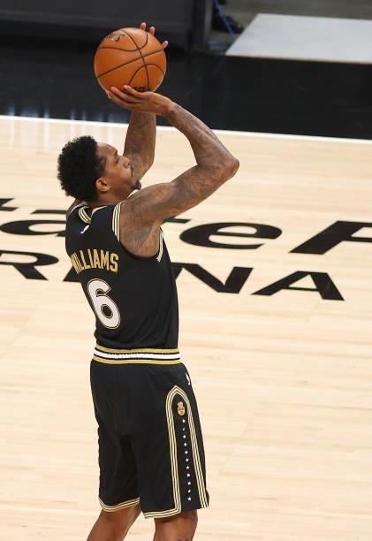 Lou Williams of the Atlanta Hawks shoots against the Milwaukee Bucks during the first half in Game Six of the Eastern Conference Finals at State Farm...