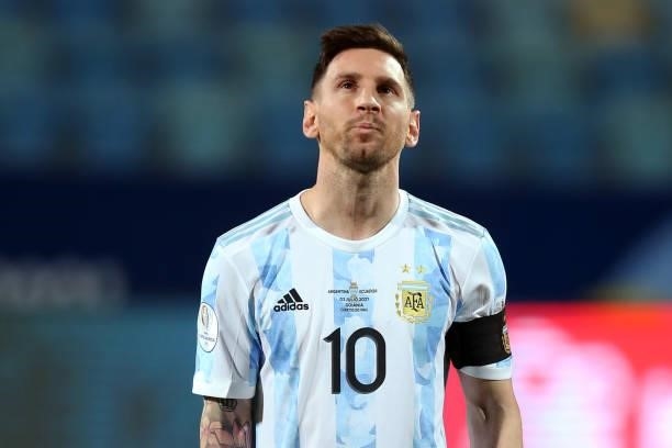 Lionel Messi of Argentina looks on prior to a quarter-final match of Copa America Brazil 2021 between Argentina and Ecuador at Estadio Olimpico on...