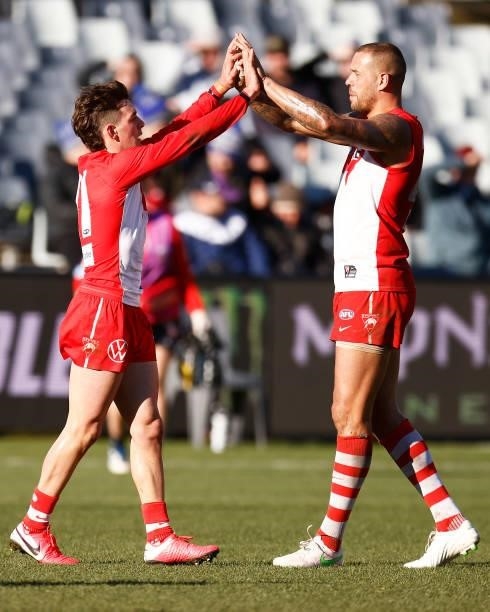 Errol Gulden of the Swans celebrates a goal with Lance Franklin of the Swans during the round 16 AFL match between Sydney Swans and West Coast Eagles...